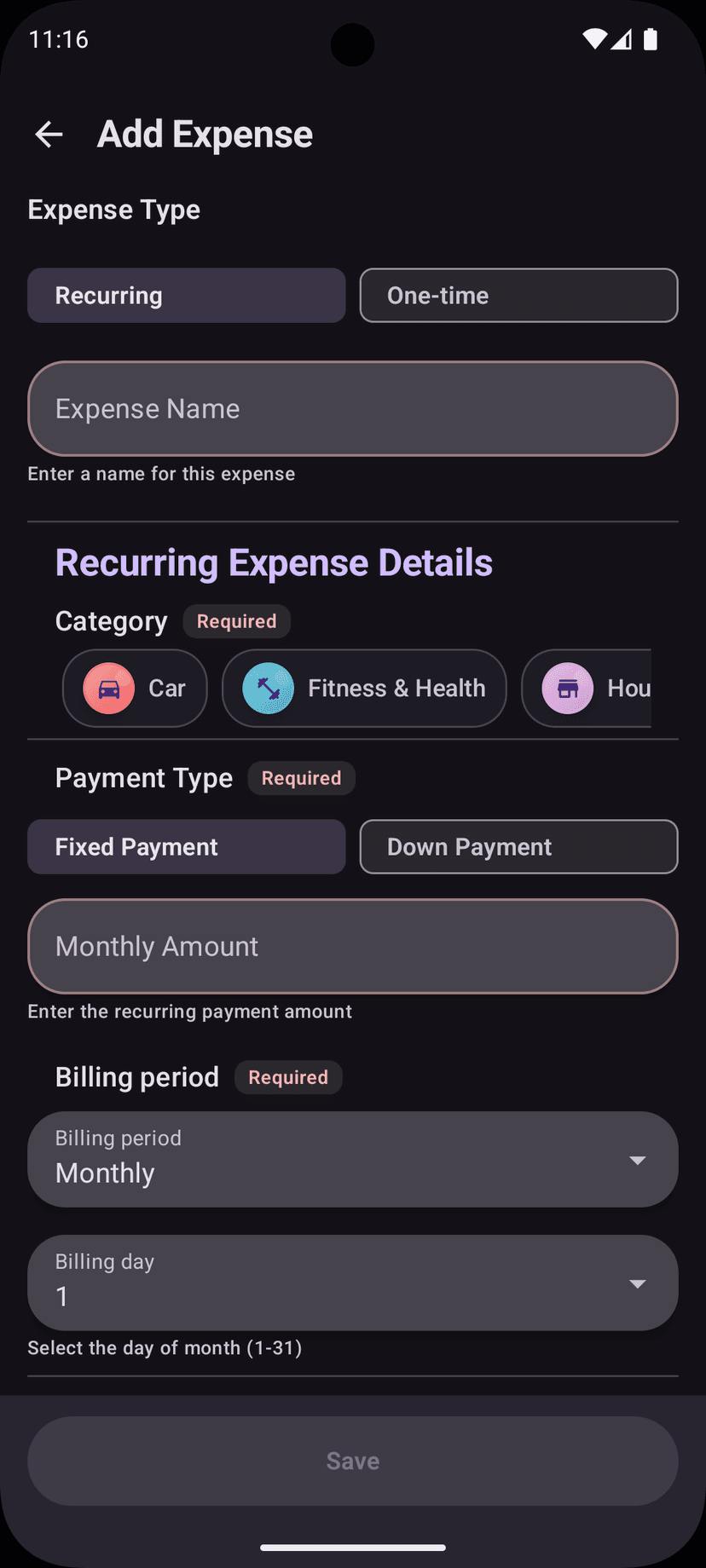Billy app screenshot showing expense categories and analytics
