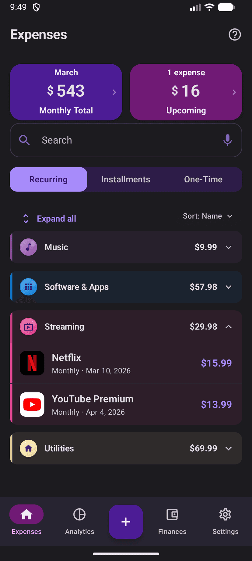 Billy app dark theme - expense tracking dashboard