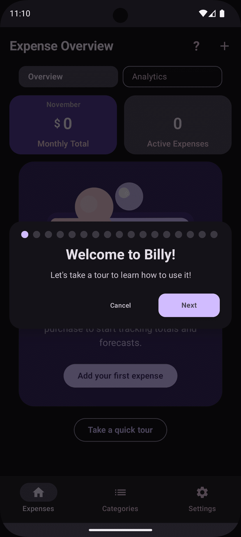 Billy app screenshot showing expense tracking dashboard with categories, charts, and payment reminders
